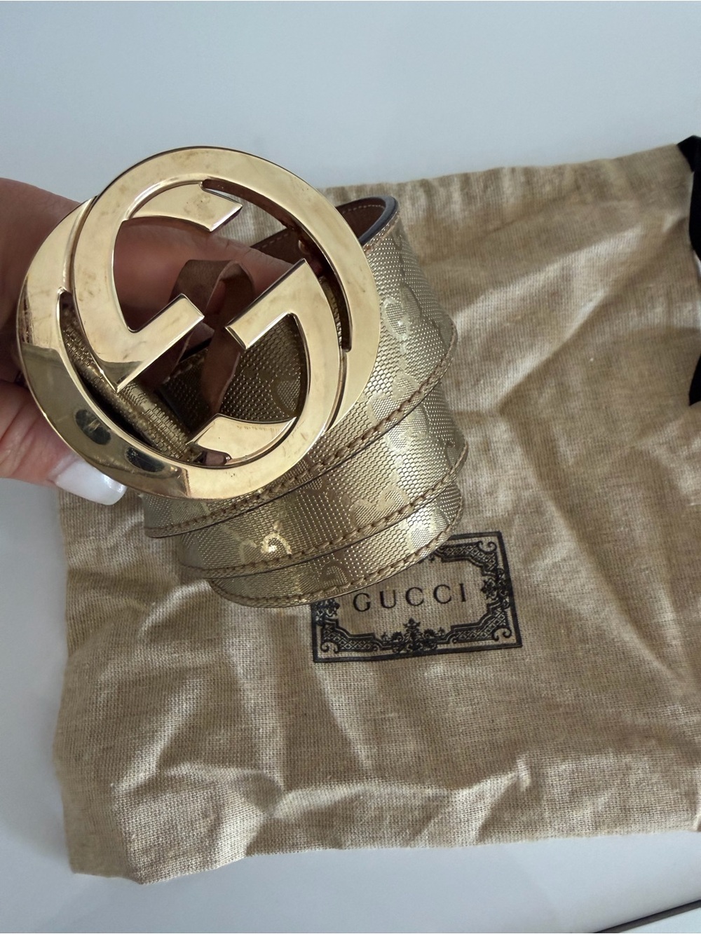 Gucci Beige Canvas Leather Belt with Gold GG Buckle - Picture 11 of 12